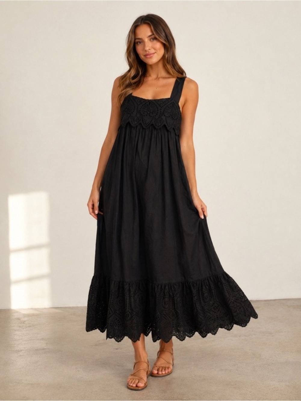 Johnny Was Love Small Black 100% Linen Eyelet Maxi Block Strap Fall Dress